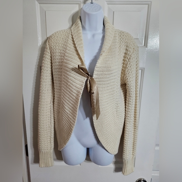 Old Navy Maternity Small Cream Knit Tie Cardigan Cozy Soft Pregnancy Preppy VTG - Picture 2 of 5